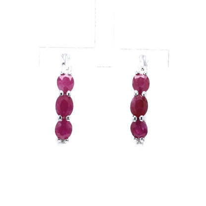 Natural Ruby Hoop Earrings With Diamonds 1.79 Carats Sterling Silver