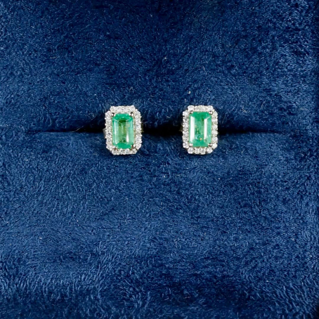 Natural Zambian Emerald Earrings With Diamonds 0.88 Carats 14K Yellow Gold