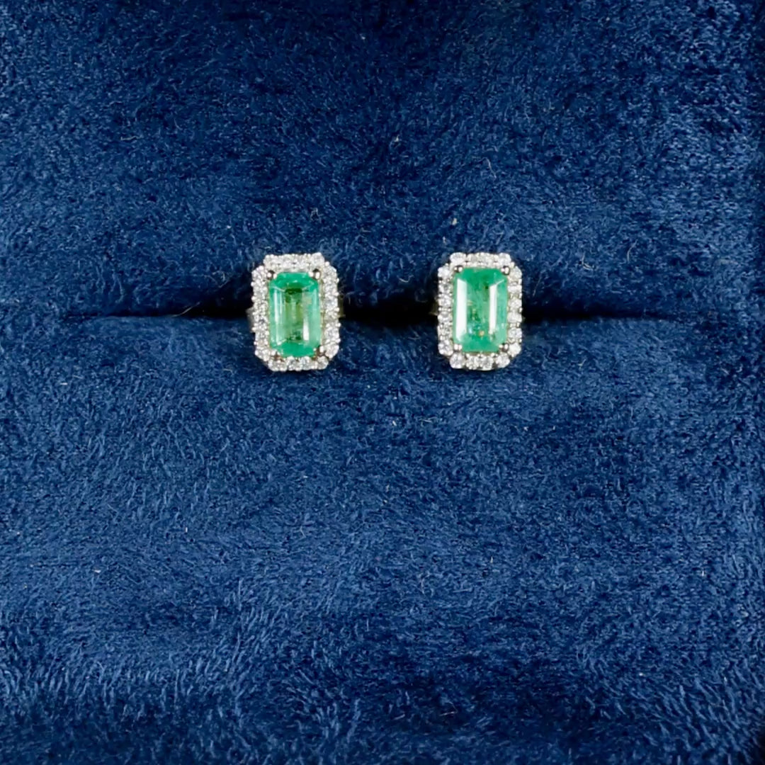 Natural Zambian Emerald Earrings With Diamonds 0.88 Carats 14K Yellow Gold