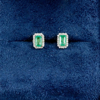 Natural Zambian Emerald Earrings With Diamonds 0.88 Carats 14K Yellow Gold