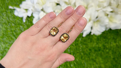 Citrine Dangle Earrings Black Spinel Halo 8.9 Carats 14K Yellow Gold Plated