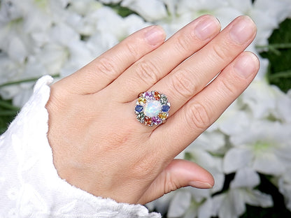 Ethiopian Opal Floral Cocktail Ring Multicolor Sapphires Diamonds 3.95 Carats