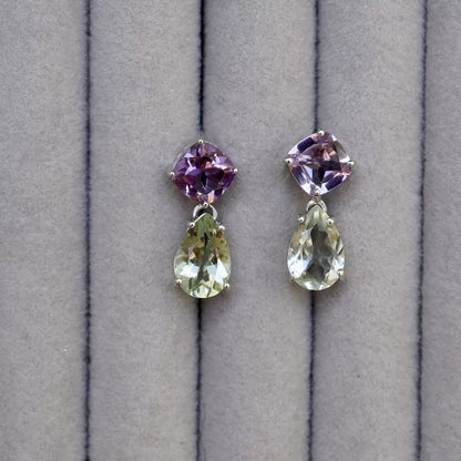 Amethyst Dangle Earrings Green and Pink 8.98 Carats Sterling Silver