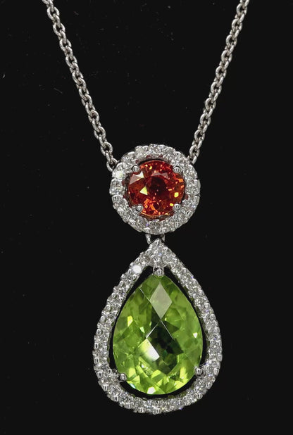 Peridot Pendant Necklace Mandarin Garnet Diamonds 2.4 Carats 18K White Gold