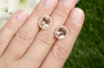 Oval Cut Morganite Stud Earrings With Diamond Halo 5.5 Carats Total