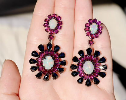 Ethiopian Opal Dangle Earrings Rhodolite and Black Spinel 29 Carats