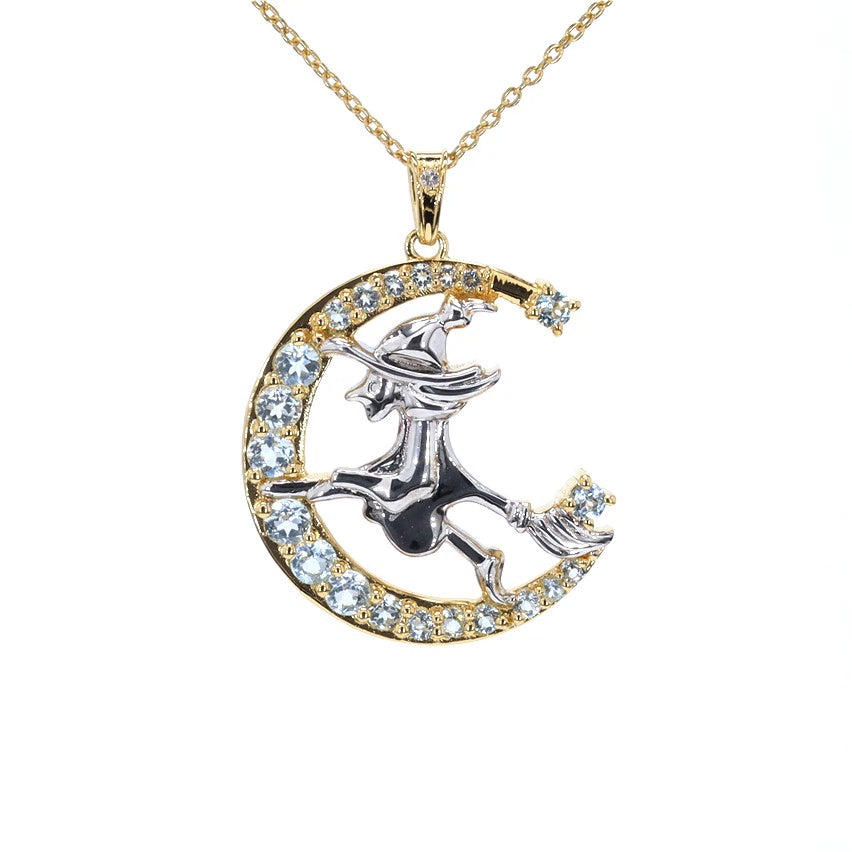 Blue Topaz Witch Pendant With White Topaz 1.24 Carats Gold Plated Silver