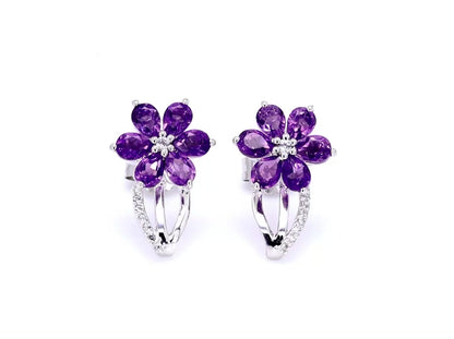 Amethyst Flower Earrings With White Topaz 1.86 Carats Sterling Silver