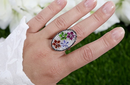 Flower Cluster Ring Citrine Tanzanite Rhodolite Chrome Diopside Topaz Spinel