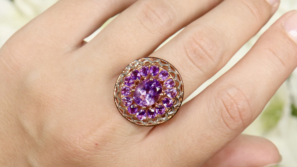 Amethyst Flower Cocktail Ring 4.29 Carats 14K Rose Gold Plated Silver