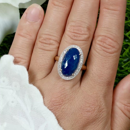 Deep Blue Rose Cut 10 Carat Sapphire Cocktail Ring Diamond Halo 14K Yellow Gold