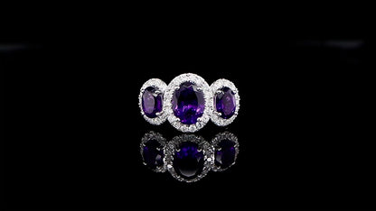 Amethyst Three Stone Ring Diamond Setting 2.48 Carats 18K Gold