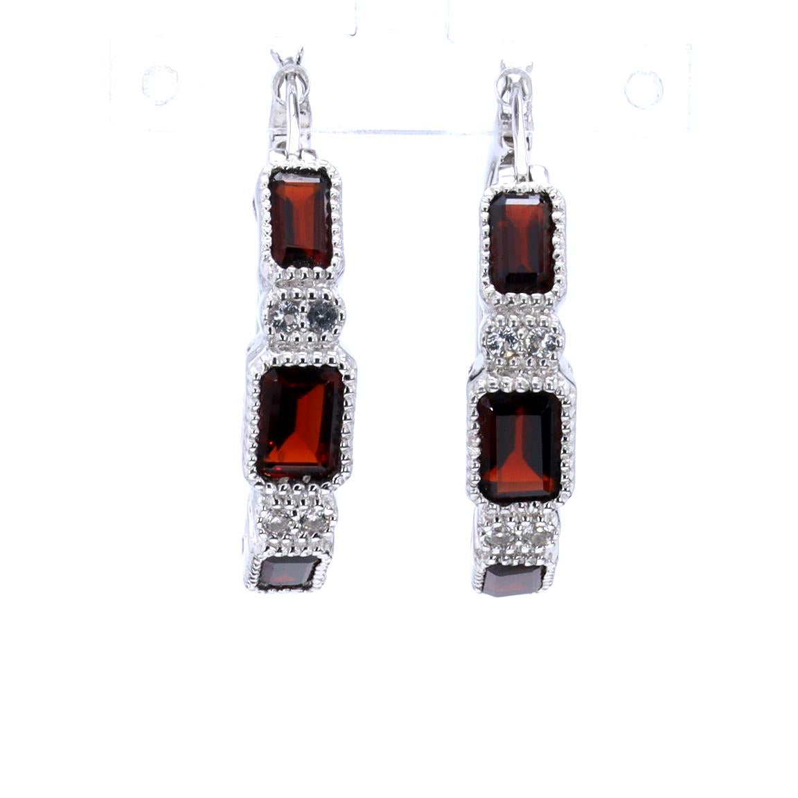 Garnet Hoop Earrings With White Topaz 2.74 Carats Sterling Silver