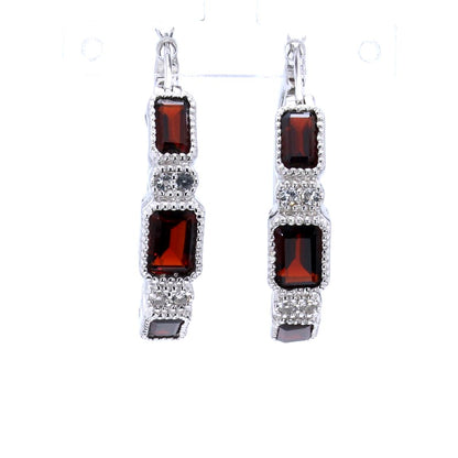 Garnet Hoop Earrings With White Topaz 2.74 Carats Sterling Silver