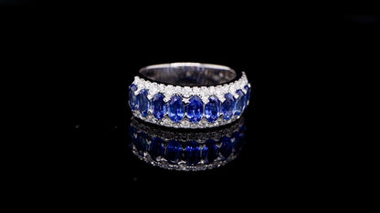 Blue Sapphires Band Ring With Diamonds 2.70 Carats 18K Gold