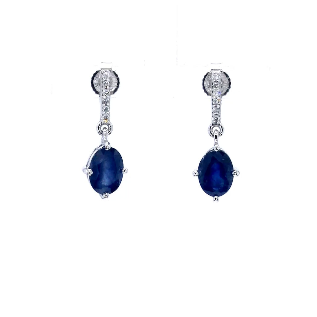 Natural Blue Sapphire Earrings With Diamonds 1.92 Carats 14K White Gold