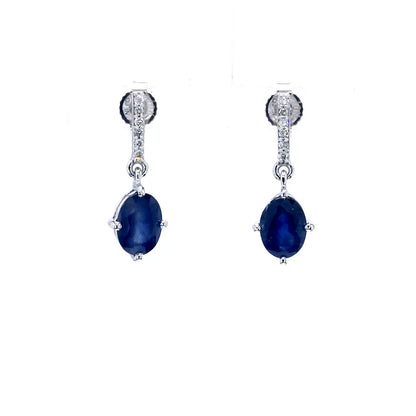 Natural Blue Sapphire Earrings With Diamonds 1.92 Carats 14K White Gold