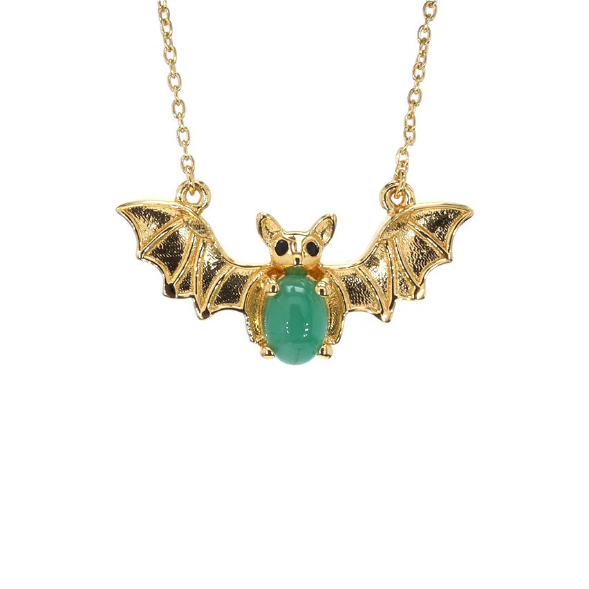 Emerald Bat Necklace With Black Spinel 1.06 Carats Gold Plated Silver