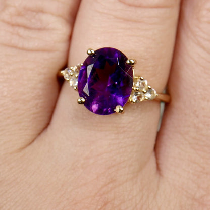 Amethyst Ring With White Topazes 3.4 Carats 14K Yellow Gold Plated Silver