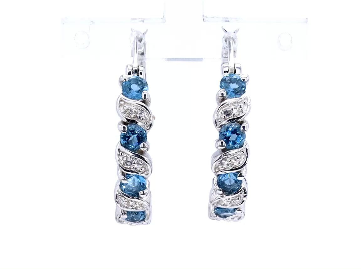 London Blue Topaz Hoop Earrings With White Topaz 1.44 Carats Sterling Silver