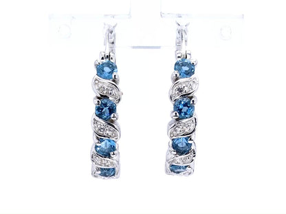 London Blue Topaz Hoop Earrings With White Topaz 1.44 Carats Sterling Silver