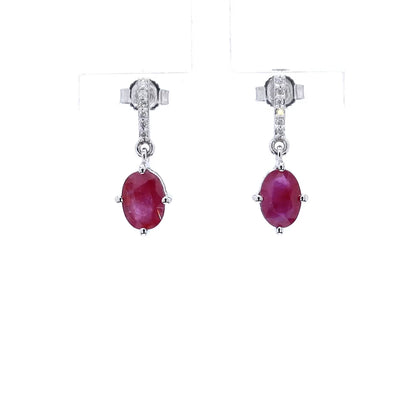 Ruby Dangle Earrings Diamonds 1.7 Carats 14K White Gold