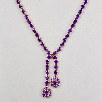 Natural Amethyst Double Drop Necklace 32 Carats 24K Yellow Gold Plated Silver