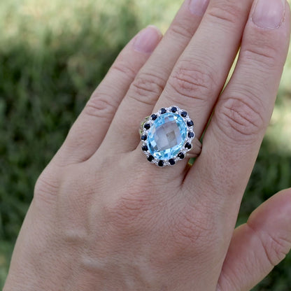 Blue Topaz Ring Black Spinel 12.4 Carats Sterling Silver