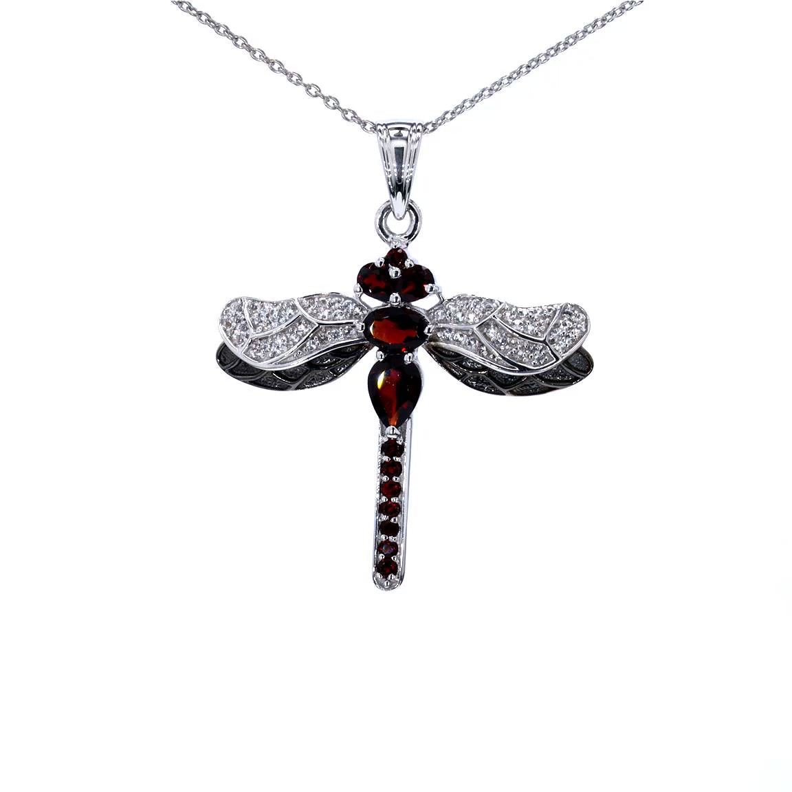 Garnet Dragonfly Pendant With White Topaz 2.2 Carats Sterling Silver