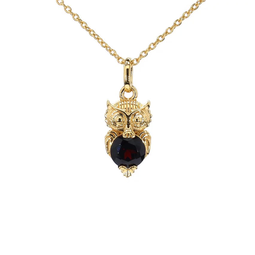 Garnet Owl Pendant 0.98 Carats Gold Plated Silver
