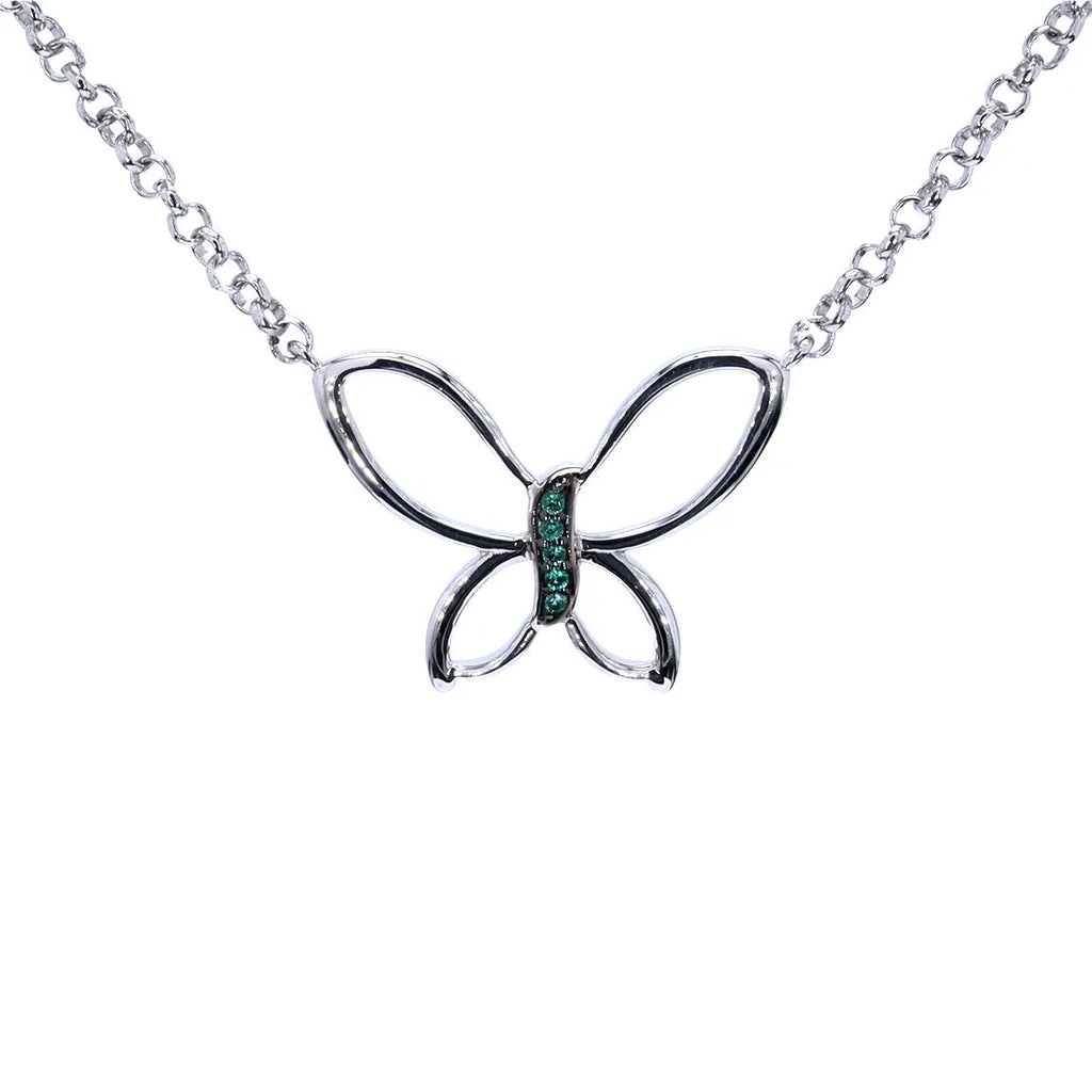 Zambian Emerald Butterfly Necklace 0.06 Carats Sterling Silver