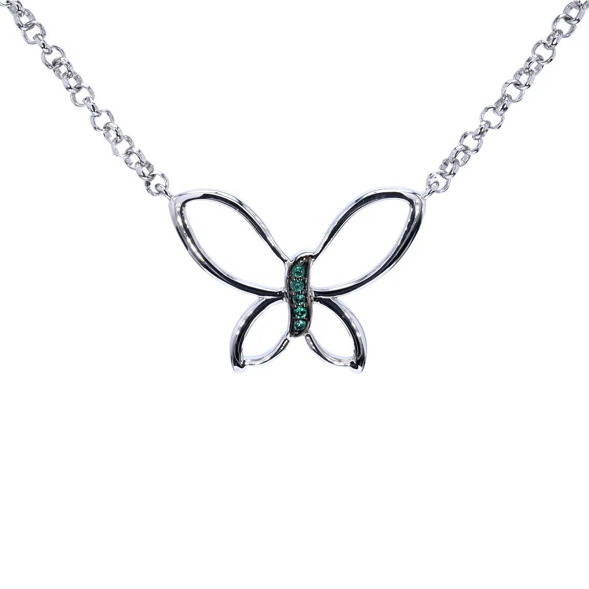 Zambian Emerald Butterfly Necklace 0.06 Carats Sterling Silver