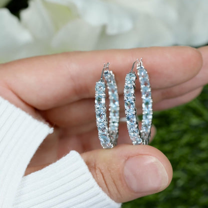 Blue Topaz Hoop Earrings 5.68 Carats Sterling Silver