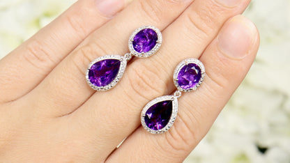 Natural Amethyst Dangle Earrings With Diamonds 8.45 Carats Total