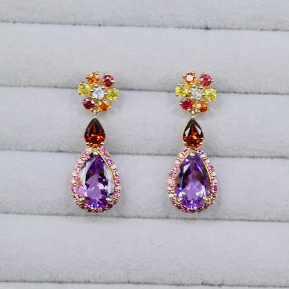 Natural Multicolor Gemstones Dangle Earrings Amethyst Sapphire Garnet Rhodolite