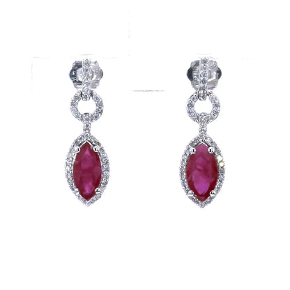 Ruby Earrings Diamonds 1.2 Carats 14K White Gold