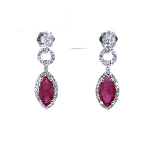 Ruby Earrings Diamonds 1.2 Carats 14K White Gold
