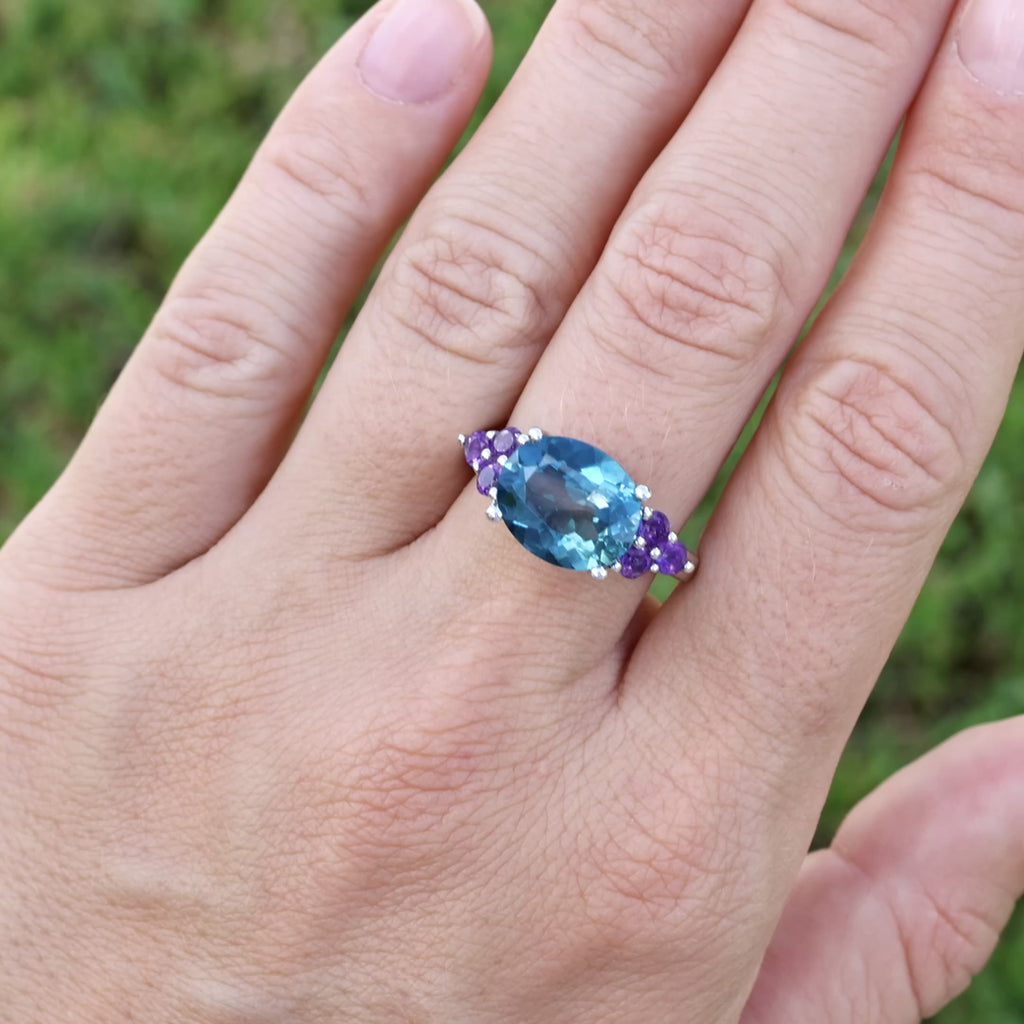 London Blue Topaz Cocktail Ring Amethyst Setting 6.65 Carats