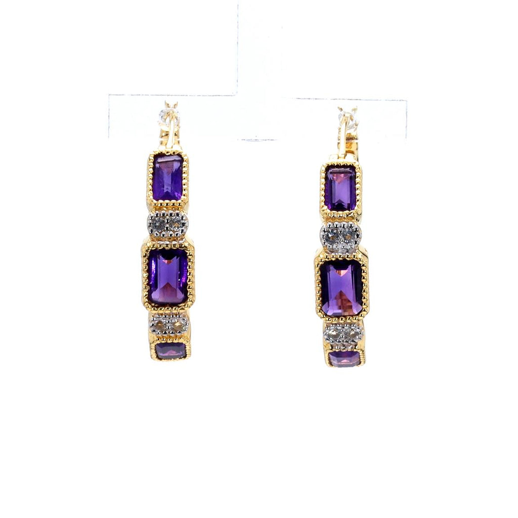 Amethyst Hoop Earrings With White Topaz 2.12 Carats Gold Plated Silver