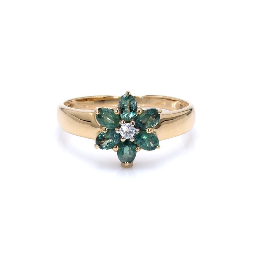 Alexandrite Flower Ring With Diamonds 0.78 Carats 18K Yellow Gold