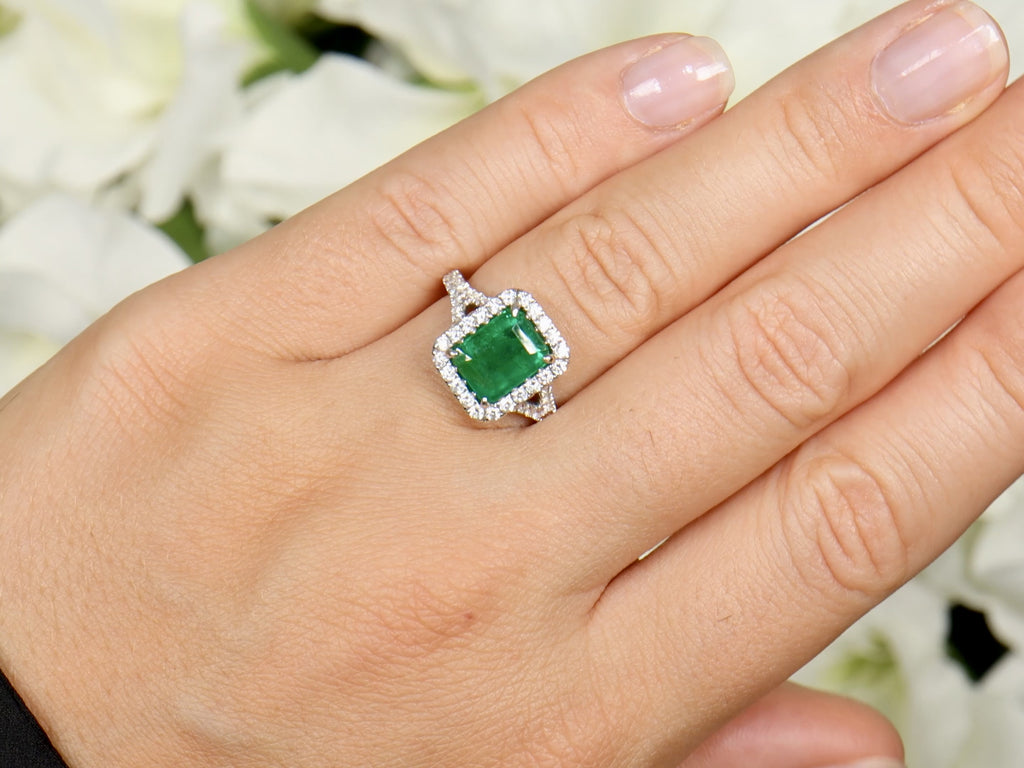 Emerald Ring Diamond Halo Setting 3.2 Carats 18K White Gold