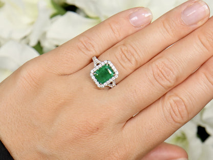 Emerald Ring Diamond Halo Setting 3.2 Carats 18K White Gold