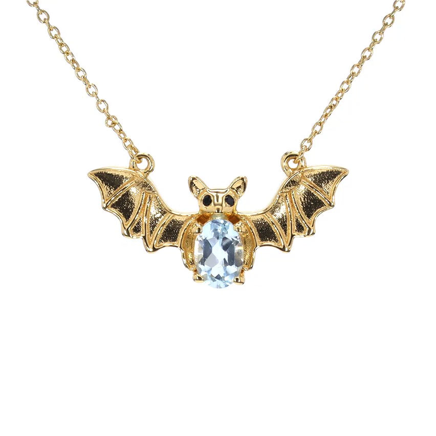 Blue Topaz Bat Necklace With Black Spinel 0.96 Carats Gold Plated Silver