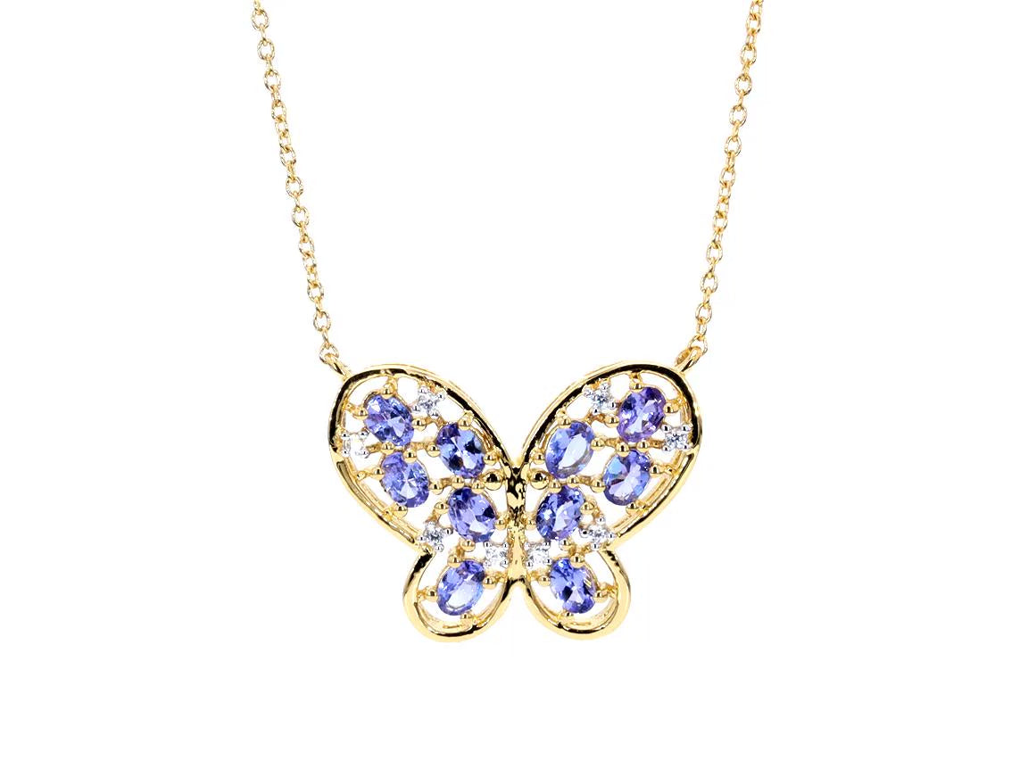 Tanzanite Butterfly Necklace With White Zircon 1.82 Carats Gold Plated Silver