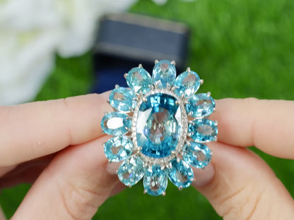 Blue Zircon Cocktail Ring Diamond Halo 30 Carats 14K Gold