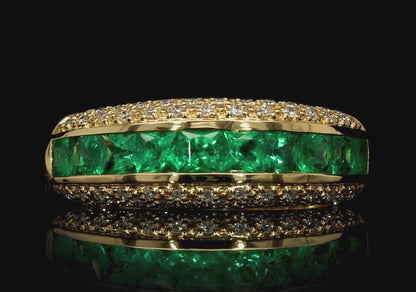 Zambian Emeralds and Diamonds Band Ring 1.3 Carats 18K Yellow Gold