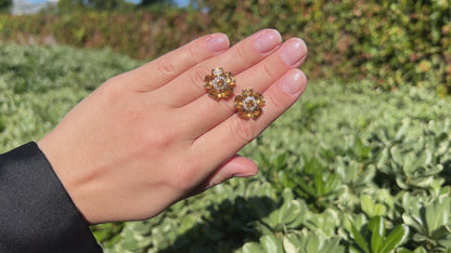 Natural Citrine and White Topaz Floral Earrings 8.9 Carats Total