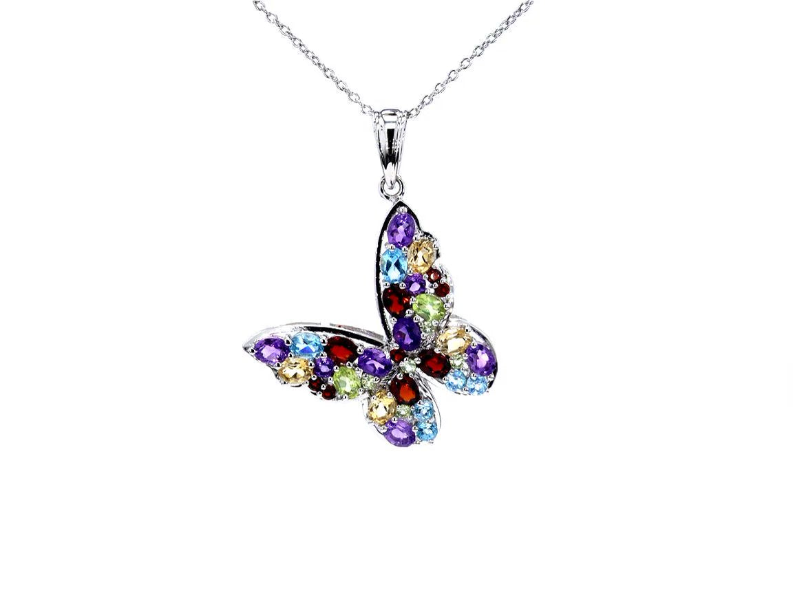 Natural Mixed Gemstones Butterfly Pendant 3.64 Carats Sterling Silver
