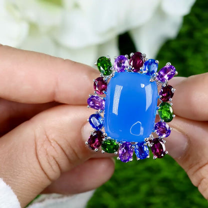 Blue Chalcedony Ring Amethyst Rhodolite Chrome Diopside Kyanite 26 Carats