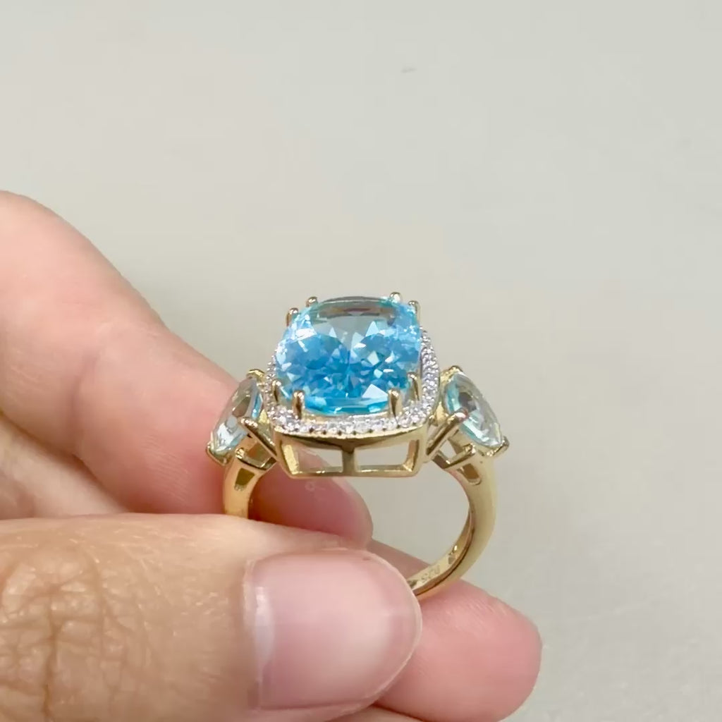 Blue Topaz Cocktail Ring Diamond Halo 8.2 Carats Total 18K Yellow Gold Plated